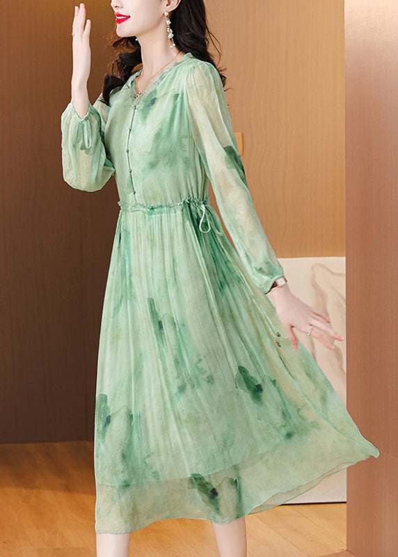 Chic Green Ruffled Print Lace Up Chiffon Dress Summer BB034 Hawaii-SDL240622