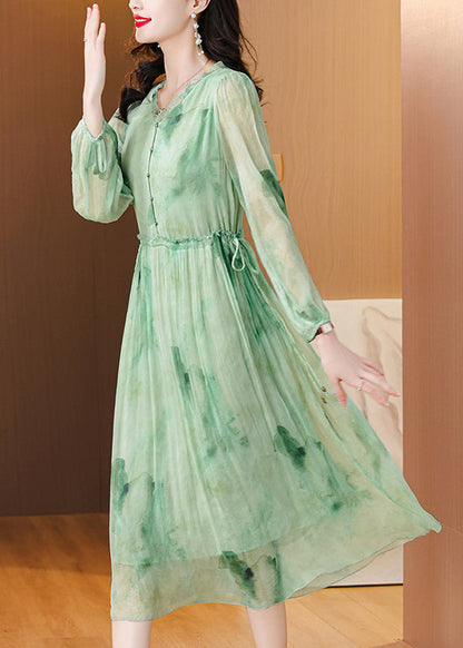 Chic Green Ruffled Print Lace Up Chiffon Dress Summer BB034 Hawaii-SDL240622