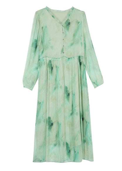 Chic Green Ruffled Print Lace Up Chiffon Dress Summer BB034 Hawaii-SDL240622
