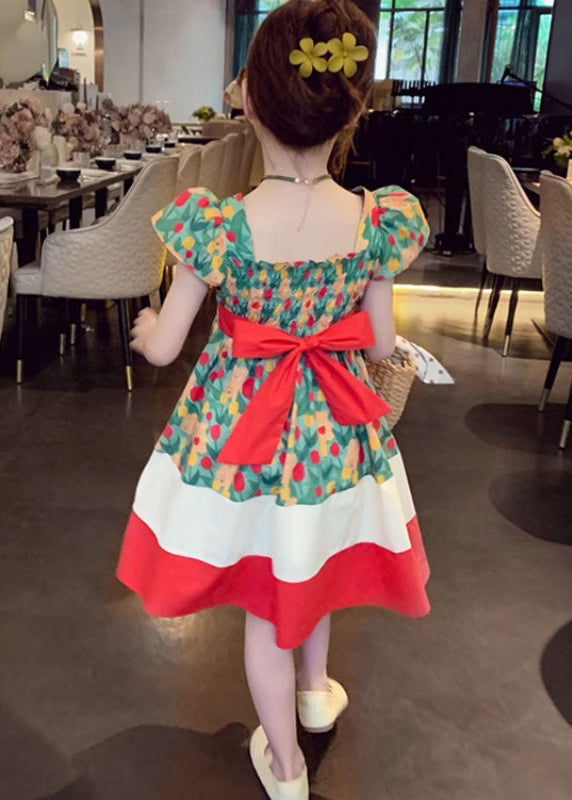 Chic Green Square Collar Print Patchwork Cotton Girls Dresses Summer TT009 WS-RCTZSDGL240815