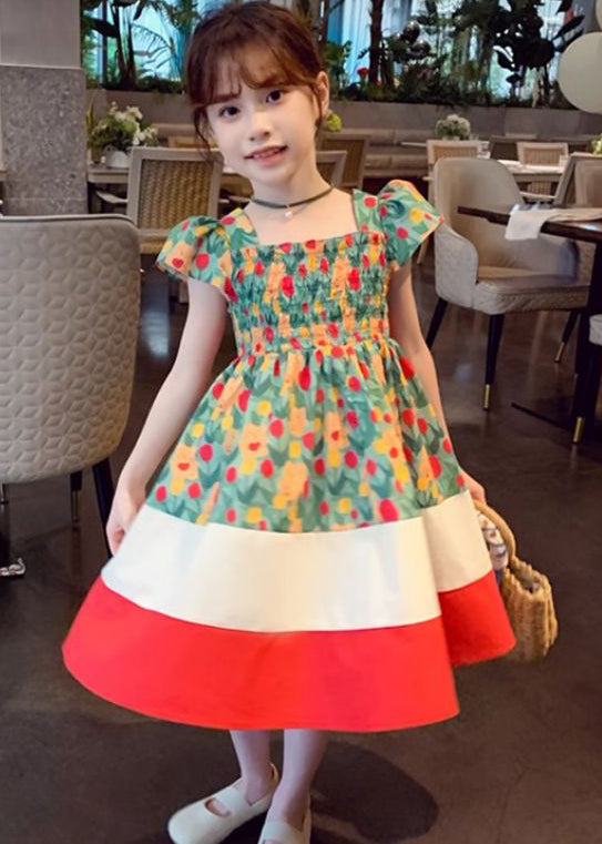 Chic Green Square Collar Print Patchwork Cotton Girls Dresses Summer TT009 WS-RCTZSDGL240815