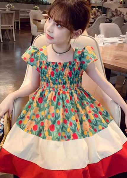 Chic Green Square Collar Print Patchwork Cotton Girls Dresses Summer TT009 WS-RCTZSDGL240815