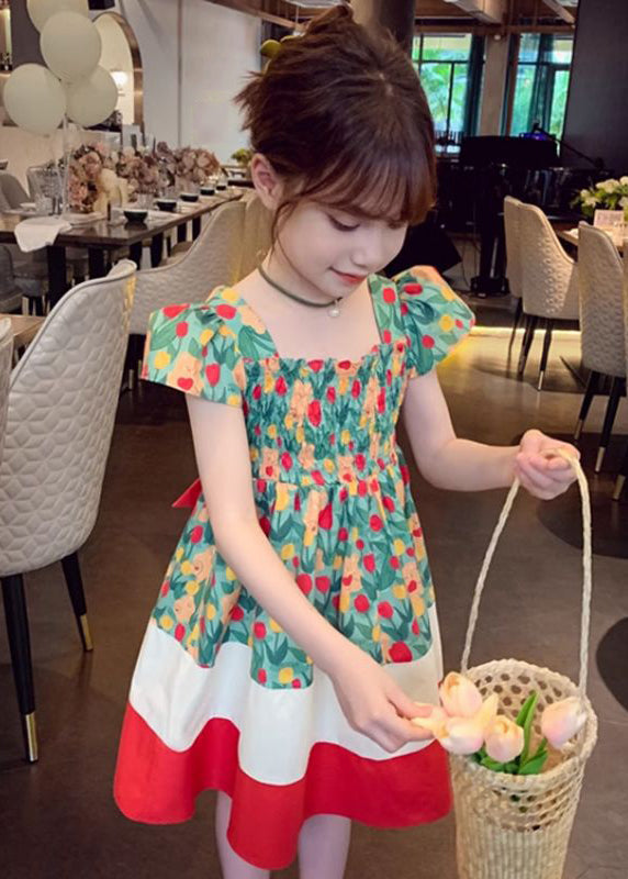 Chic Green Square Collar Print Patchwork Cotton Girls Dresses Summer TT009 WS-RCTZSDGL240815