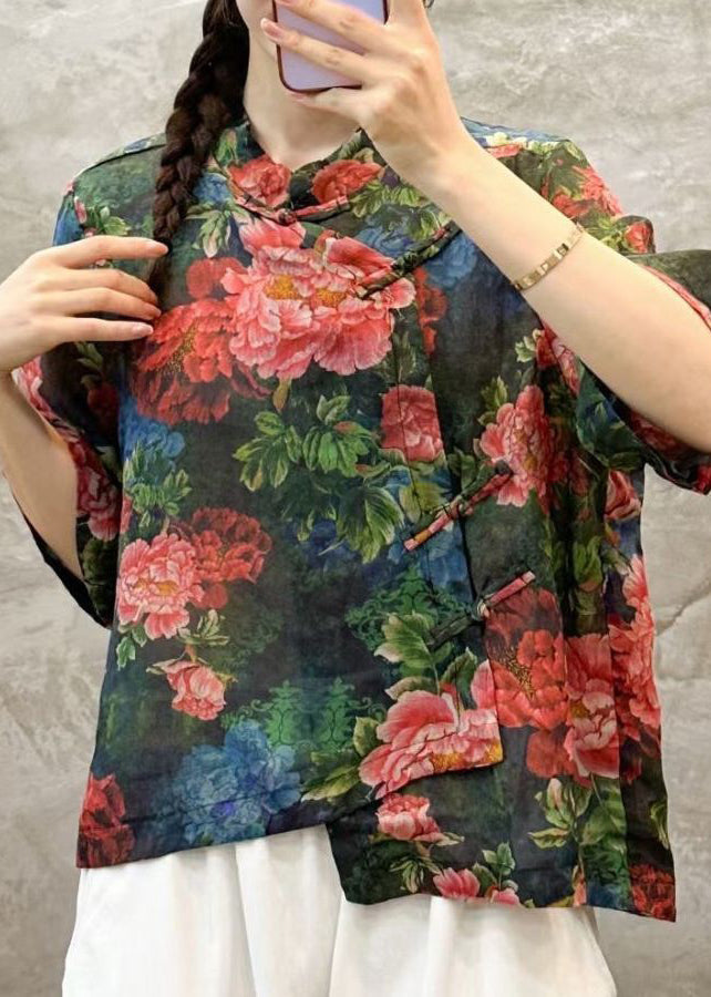 Chic Green Stand Collar Print Linen Shirt Summer VV052 HS-HTP240627