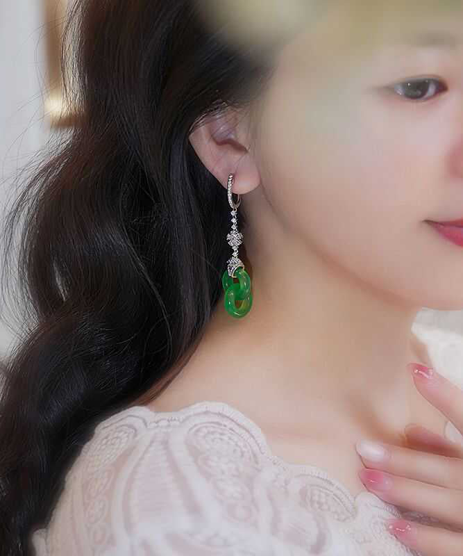 Chic Green Sterling Silver Zircon Jade Ping Buckle Tassel Drop Earrings AC1078 Genistyle Shop