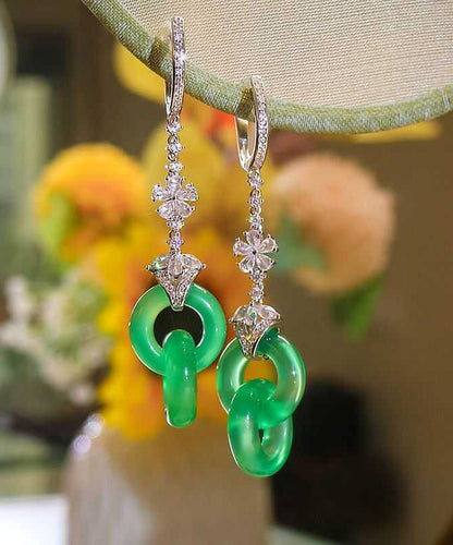 Chic Green Sterling Silver Zircon Jade Ping Buckle Tassel Drop Earrings AC1078 Genistyle Shop