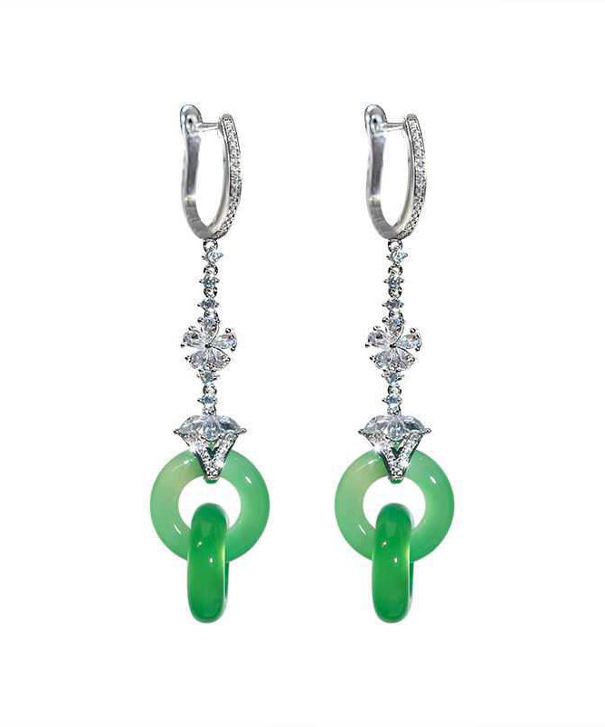 Chic Green Sterling Silver Zircon Jade Ping Buckle Tassel Drop Earrings AC1078 Genistyle Shop