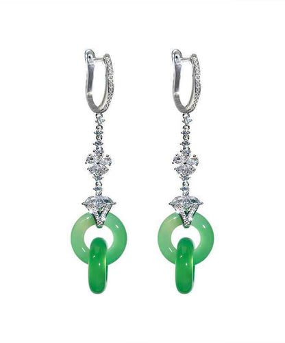 Chic Green Sterling Silver Zircon Jade Ping Buckle Tassel Drop Earrings AC1078 Genistyle Shop