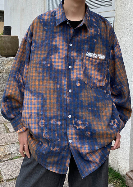 Spring Dye Shirts Tie Green Cotton Chic Oversized Men's Plaid FashionChic