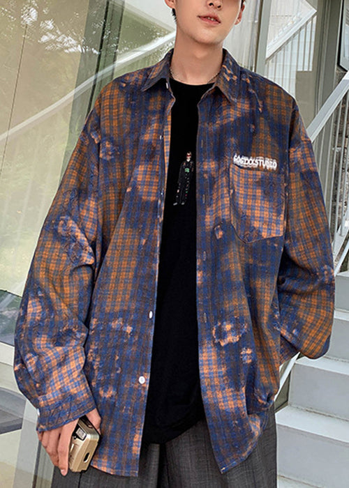 Spring Dye Shirts Tie Green Cotton Chic Oversized Men's Plaid FashionChic