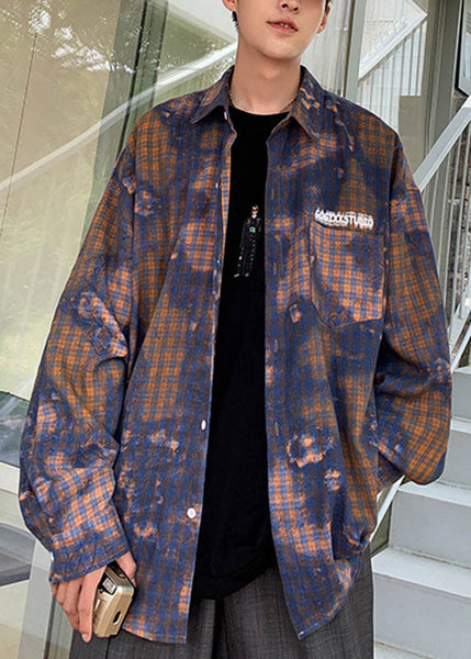 Spring Dye Shirts Tie Green Cotton Chic Oversized Men's Plaid FashionChic