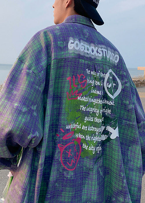 Spring Dye Shirts Tie Green Cotton Chic Oversized Men's Plaid FashionChic