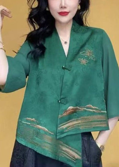 Chic Green V Neck Button Silk Shirts Bracelet Sleeve VV044 HS-HTP240627