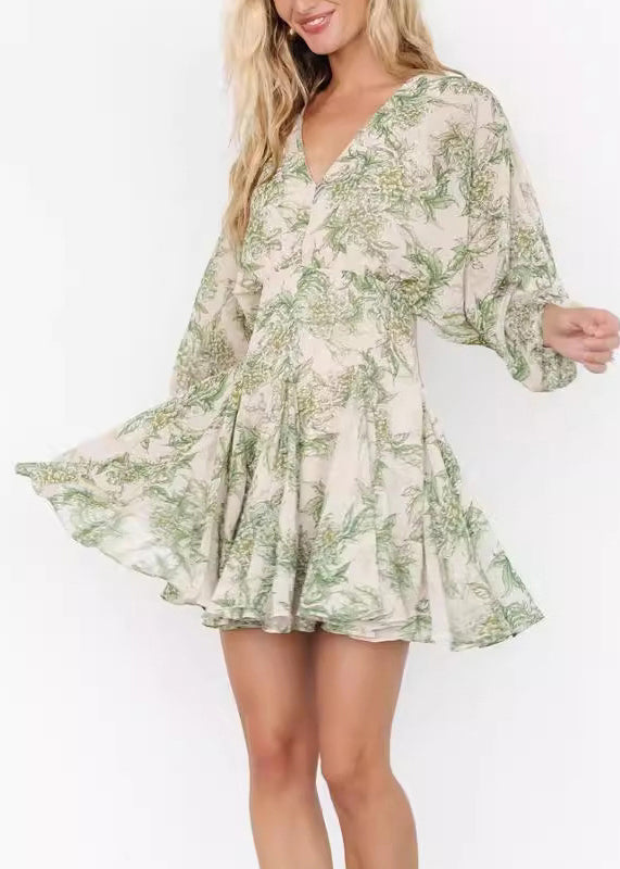 Chic Green V Neck Print Chiffon Mid Dress Long Sleeve AU1026 OM-ZS240902