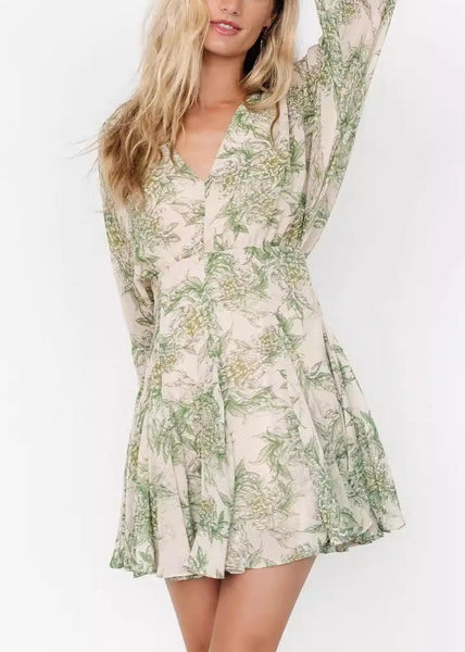 Chic Green V Neck Print Chiffon Mid Dress Long Sleeve AU1026 OM-ZS240902