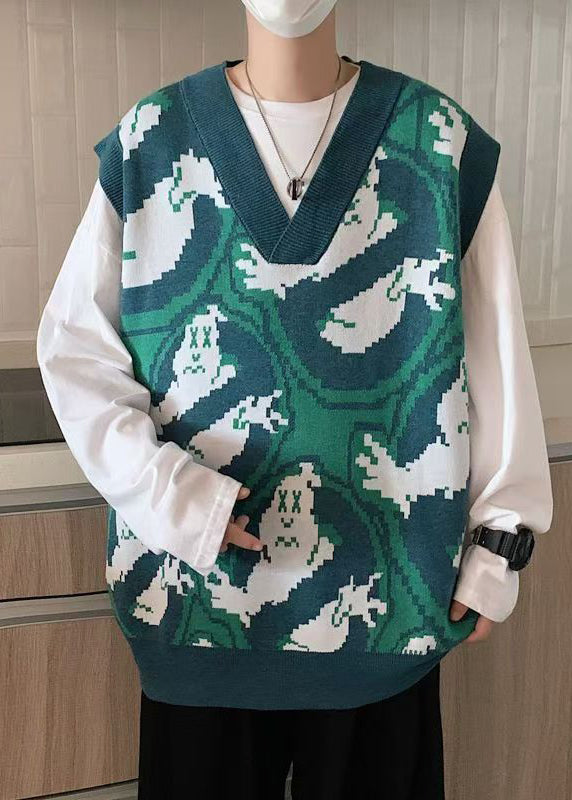 Chic Green V Neck Print Cozy Knit Men Waistcoat Sleeveless RJ031 ABC