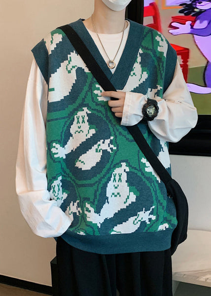 Chic Green V Neck Print Cozy Knit Men Waistcoat Sleeveless RJ031 ABC