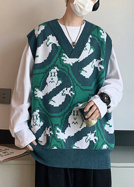 Chic Green V Neck Print Cozy Knit Men Waistcoat Sleeveless RJ031 ABC