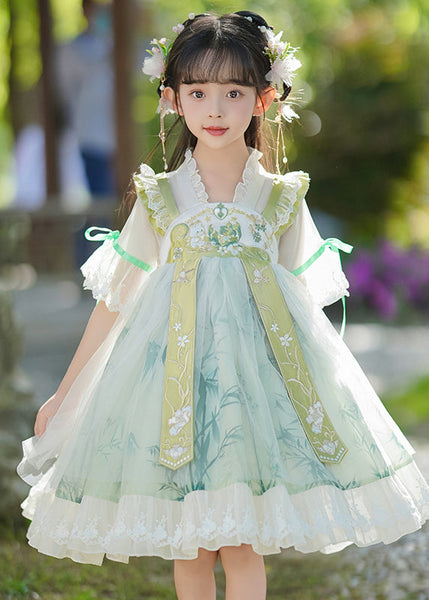 Neck Dress Ruffled Chic Patchwork V Maxi Green Chiffon Kids FashionChic