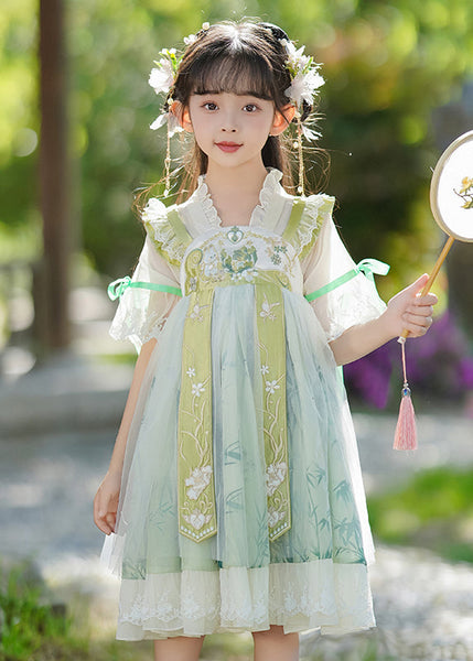 Neck Dress Ruffled Chic Patchwork V Maxi Green Chiffon Kids FashionChic