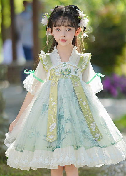 Neck Dress Ruffled Chic Patchwork V Maxi Green Chiffon Kids FashionChic
