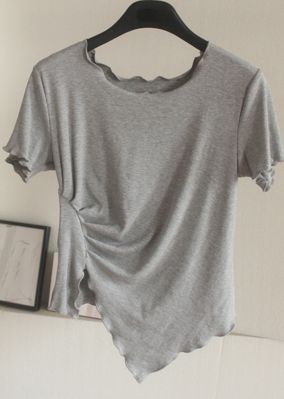 Chic Grey Asymmetrical Wrinkled Short Sleeve QB024 HS-STP241025