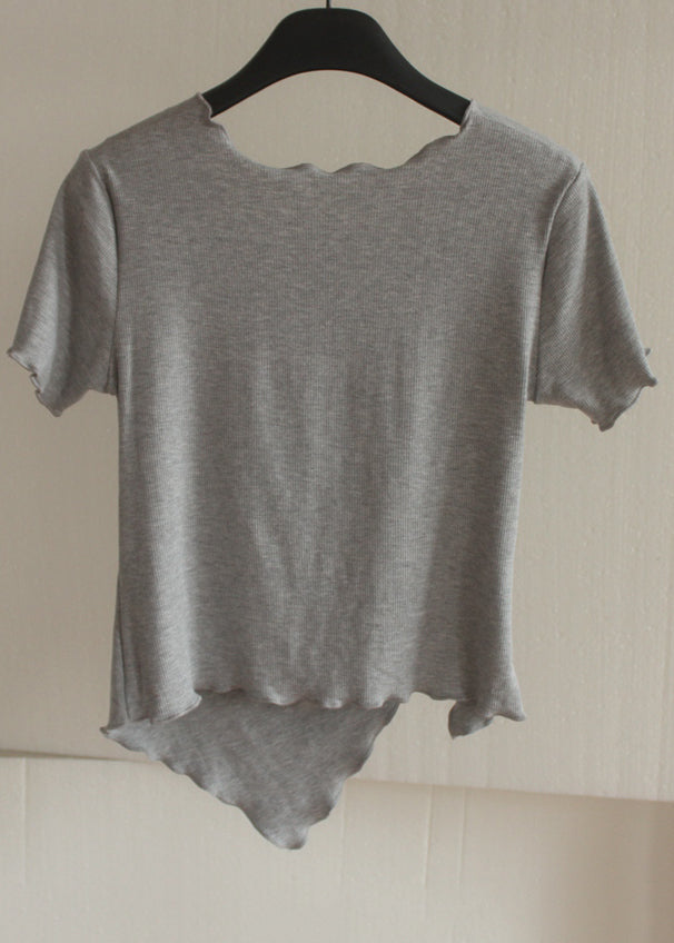 Chic Grey Asymmetrical Wrinkled Short Sleeve QB024 HS-STP241025