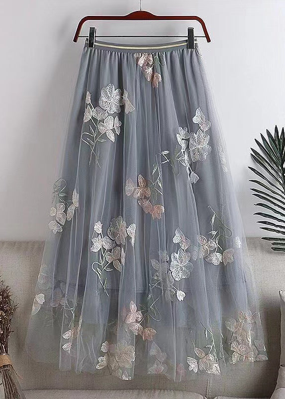 Chic Grey Embroidered Elastic Waist Tulle Skirts Spring QQ1055 Ada Fashion