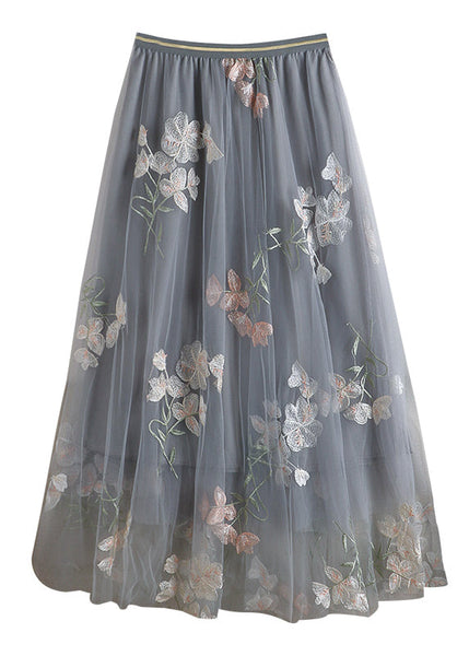 Chic Grey Embroidered Elastic Waist Tulle Skirts Spring QQ1055 Ada Fashion