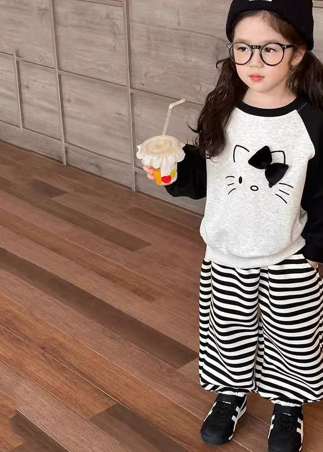 Chic Grey O-Neck Striped Girls Sweatshirt And Lantern Pants Two Piece Set Spring TR007 ABC