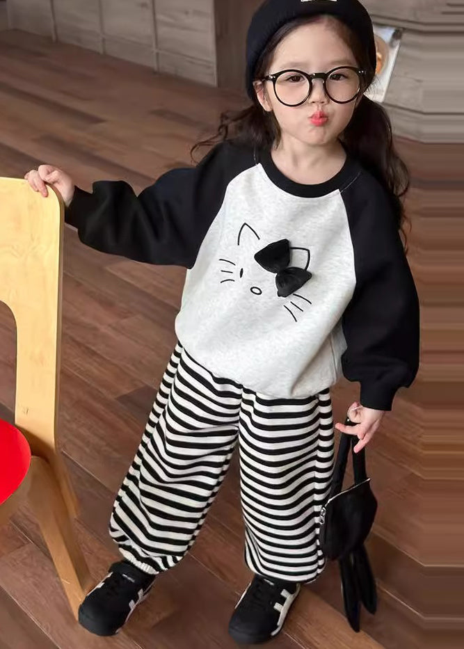 Chic Grey O-Neck Striped Girls Sweatshirt And Lantern Pants Two Piece Set Spring TR007 ABC