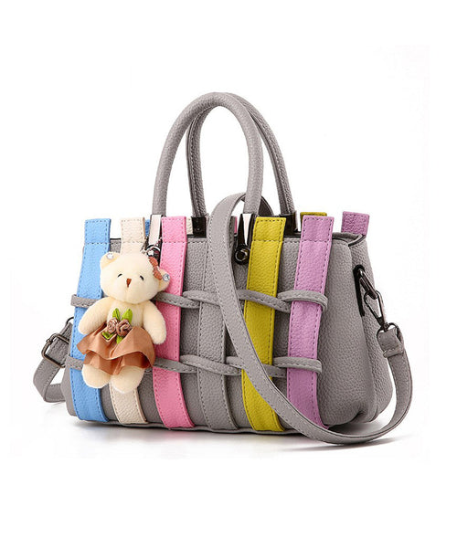 Faux Leather Tote Grey Patchwork Handbag Chic FashionChic