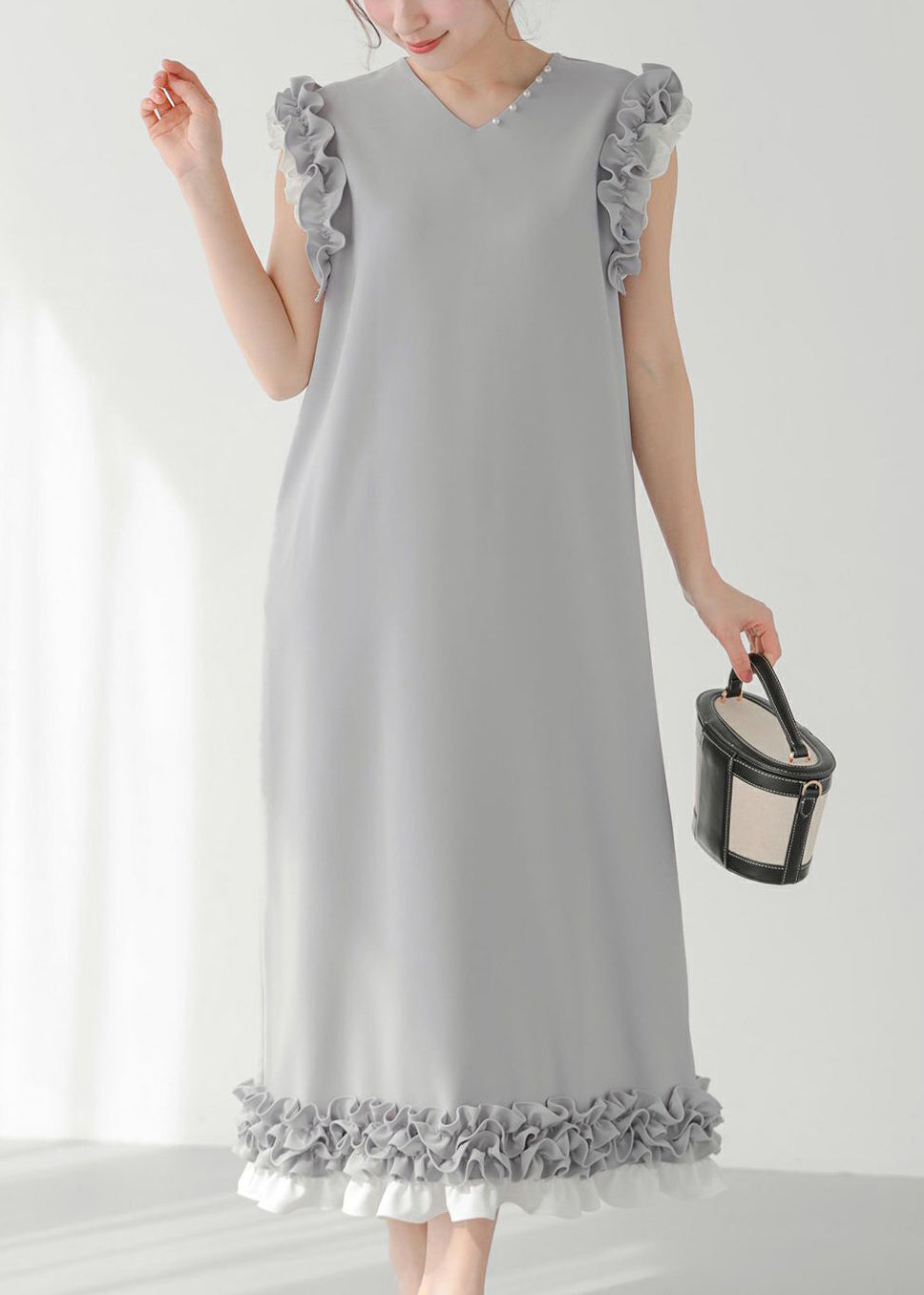Chic Decorated Pearl Straight Ruffled Dress Patchwork Grey FashionChic