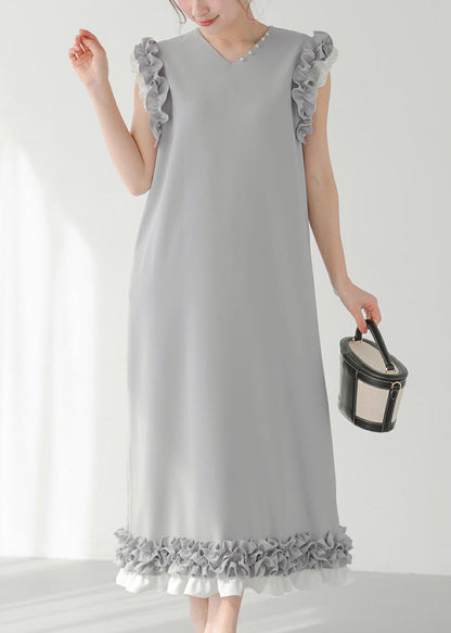 Chic Decorated Pearl Straight Ruffled Dress Patchwork Grey FashionChic