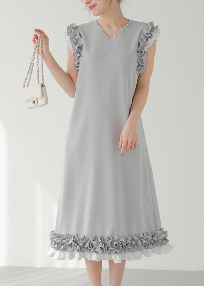 Chic Decorated Pearl Straight Ruffled Dress Patchwork Grey FashionChic