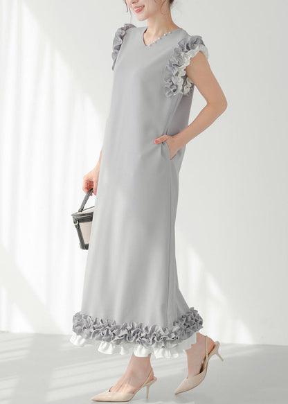 Chic Decorated Pearl Straight Ruffled Dress Patchwork Grey FashionChic