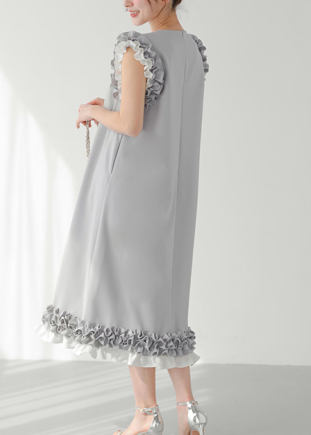Chic Decorated Pearl Straight Ruffled Dress Patchwork Grey FashionChic