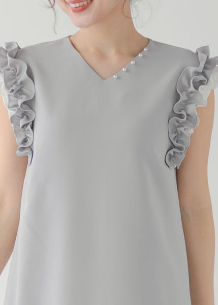 Chic Decorated Pearl Straight Ruffled Dress Patchwork Grey FashionChic