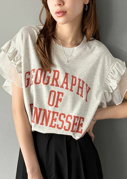 Tops Patchwork Chic Summer Cotton Ruffled Print Grey FashionChic