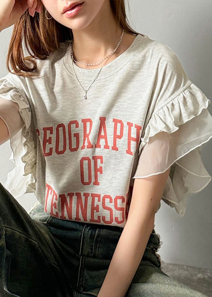 Tops Patchwork Chic Summer Cotton Ruffled Print Grey FashionChic