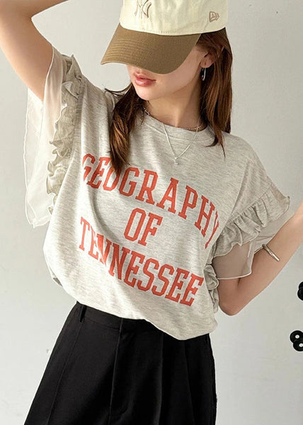 Tops Patchwork Chic Summer Cotton Ruffled Print Grey FashionChic