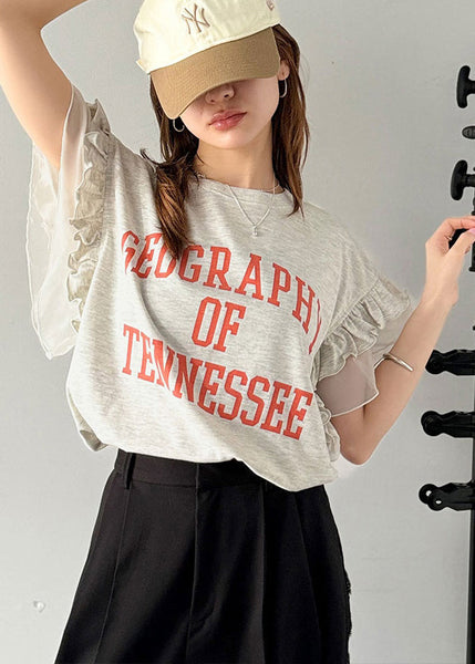 Tops Patchwork Chic Summer Cotton Ruffled Print Grey FashionChic