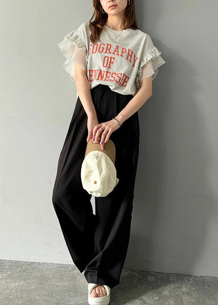 Tops Patchwork Chic Summer Cotton Ruffled Print Grey FashionChic