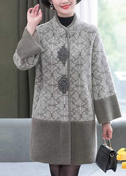 Chic Grey Stand Collar Print Patchwork Mink Velvet Coats Spring TA013