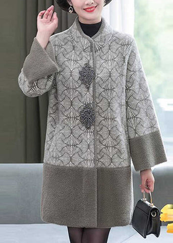 Chic Grey Stand Collar Print Patchwork Mink Velvet Coats Spring TA013