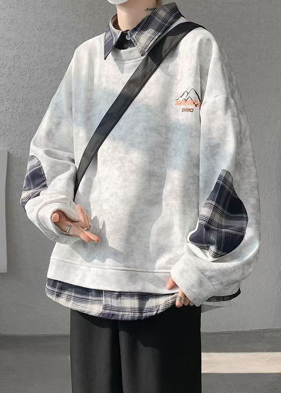 Warm Tie Sweatshirts Mens Chic Plaid Patchwork Grey Dye Fleece FashionChic