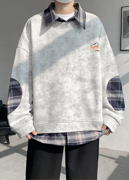 Warm Tie Sweatshirts Mens Chic Plaid Patchwork Grey Dye Fleece FashionChic