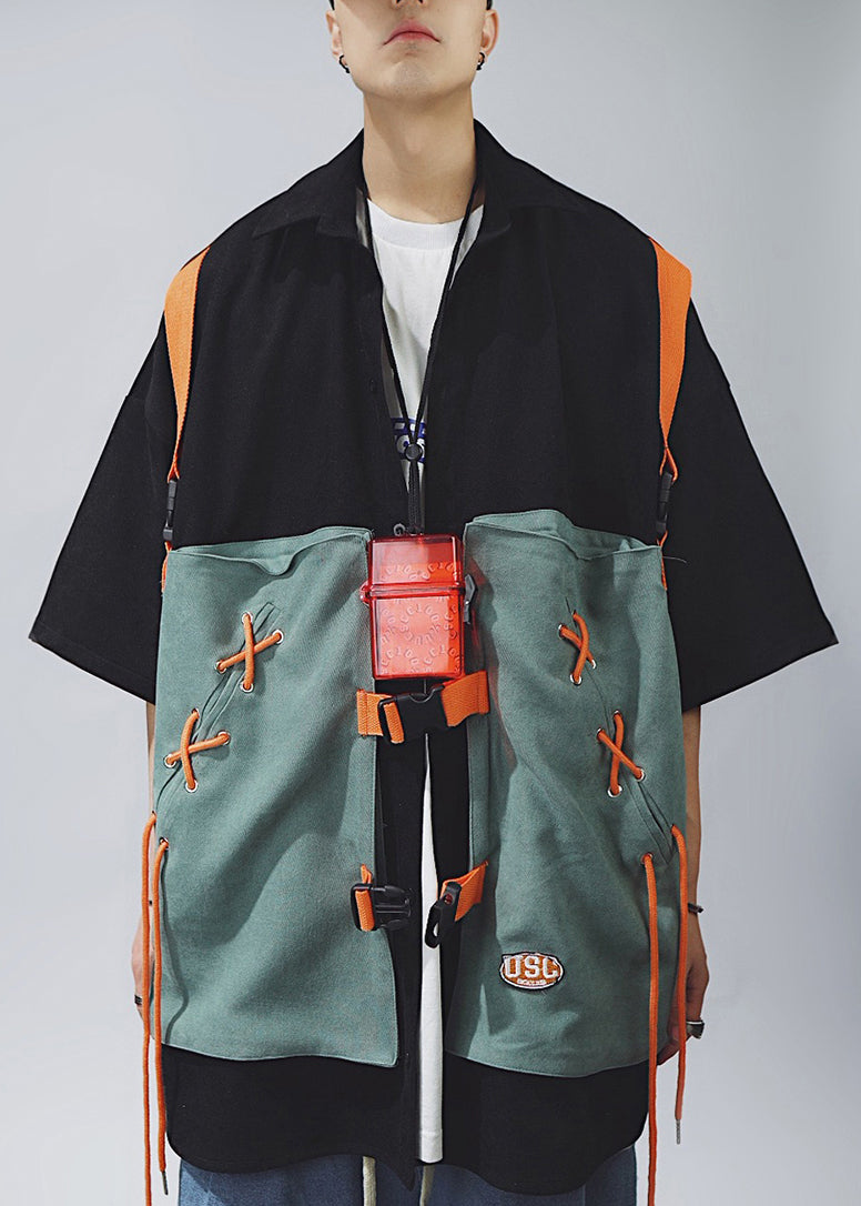 Shirts Lace Sleeve Up Men Cotton Half Chic T Patchwork Khaki FashionChic