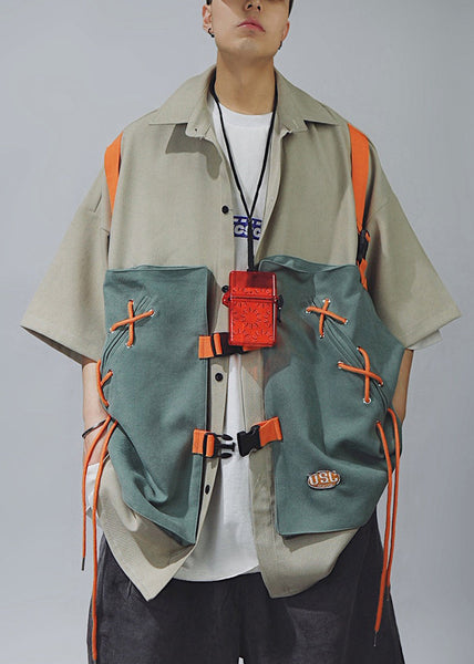 Shirts Lace Sleeve Up Men Cotton Half Chic T Patchwork Khaki FashionChic