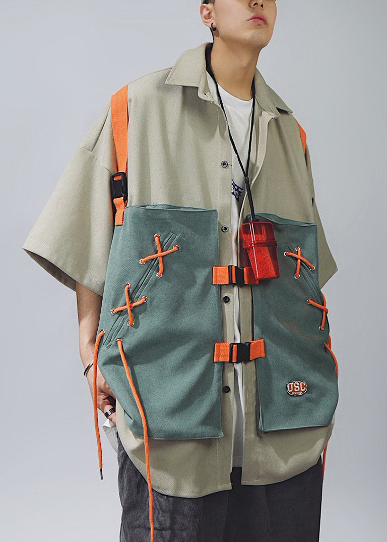 Shirts Lace Sleeve Up Men Cotton Half Chic T Patchwork Khaki FashionChic